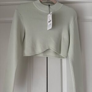Zara Green Asymmetrical Cropped Hoodie with Mandarin Collar
